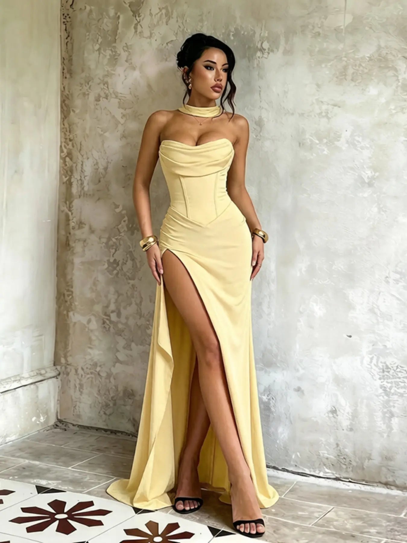 Women'S Slim-Fitting Strapless Elegant Slit Hem Wrap Dress, Sexy Chic Plain Formal Dress for Evening & Party