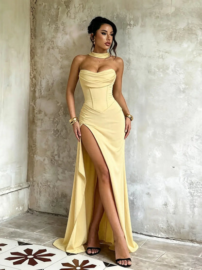 Women'S Slim-Fitting Strapless Elegant Slit Hem Wrap Dress, Sexy Chic Plain Formal Dress for Evening & Party