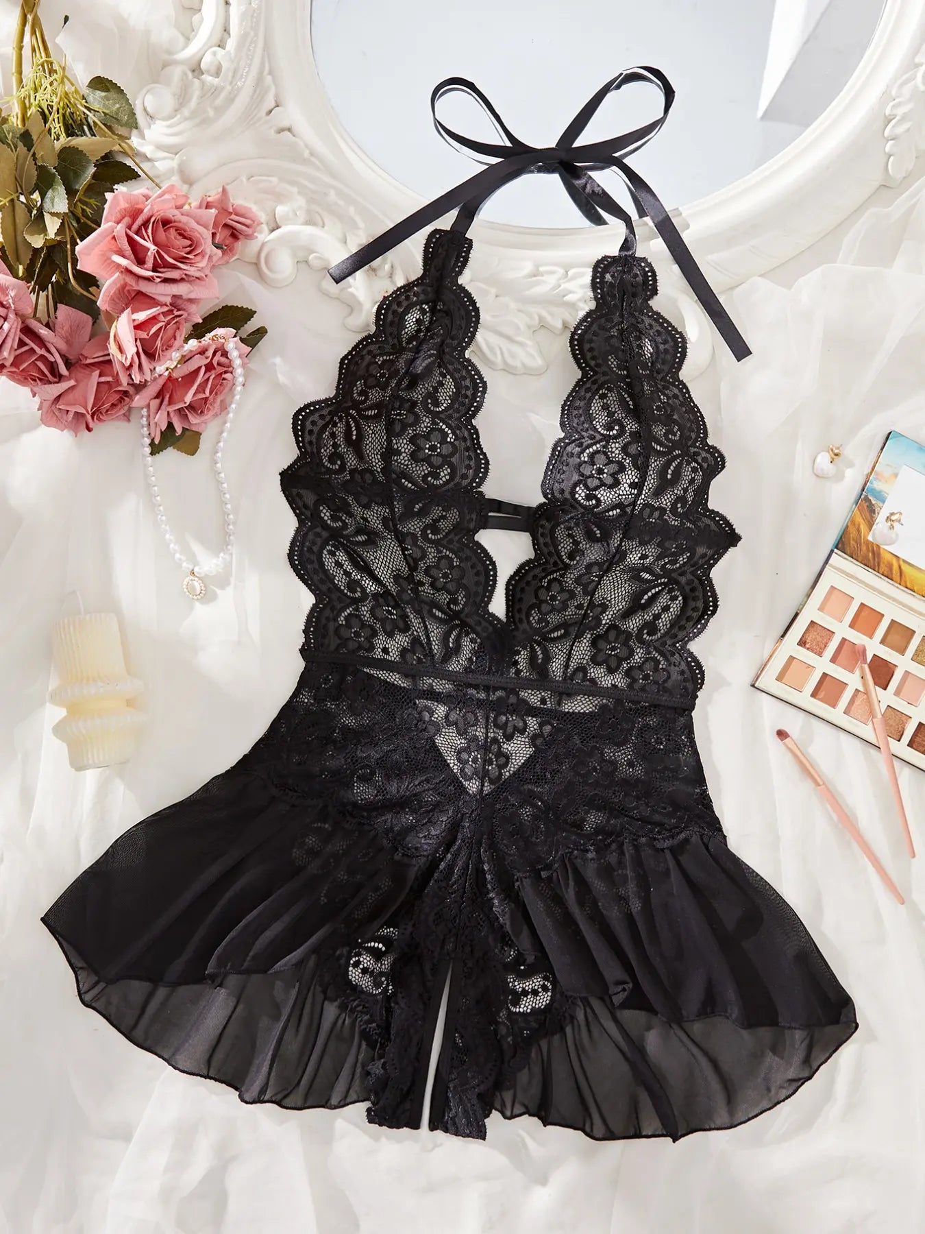 Women'S Lace Jumpsuit, Halter Deep V Sheer Ruffle Design, Couples Date Night Pajamas, Elegant Plain Style, All Seasons Wear