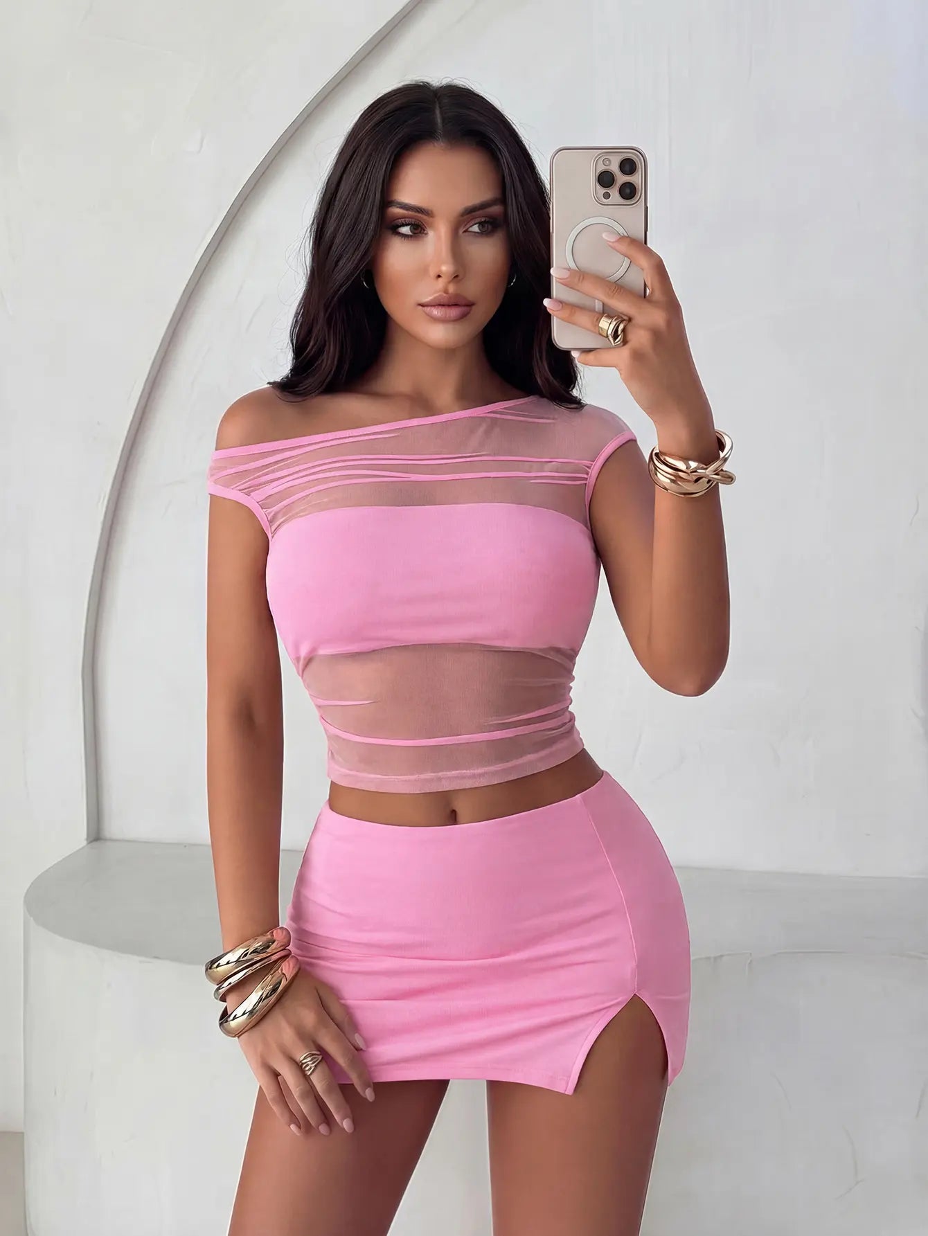 Women'S 2Pcs Solid Color Mesh Crop Top and Mini Skirt Set Sheer See through Outfit for Beach Vacation Music Festival Club Rave Party