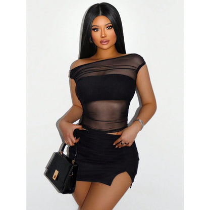 Women'S 2Pcs Solid Color Mesh Crop Top and Mini Skirt Set Sheer See through Outfit for Beach Vacation Music Festival Club Rave Party