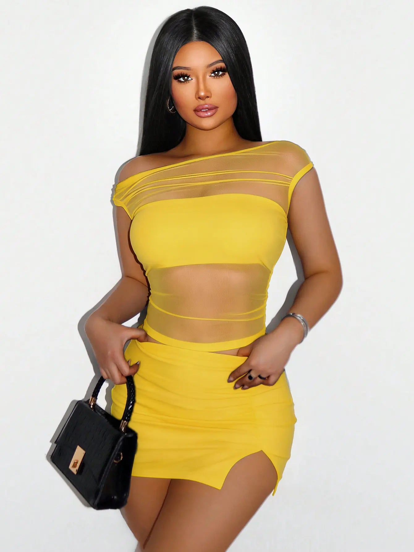 Women'S 2Pcs Solid Color Mesh Crop Top and Mini Skirt Set Sheer See through Outfit for Beach Vacation Music Festival Club Rave Party