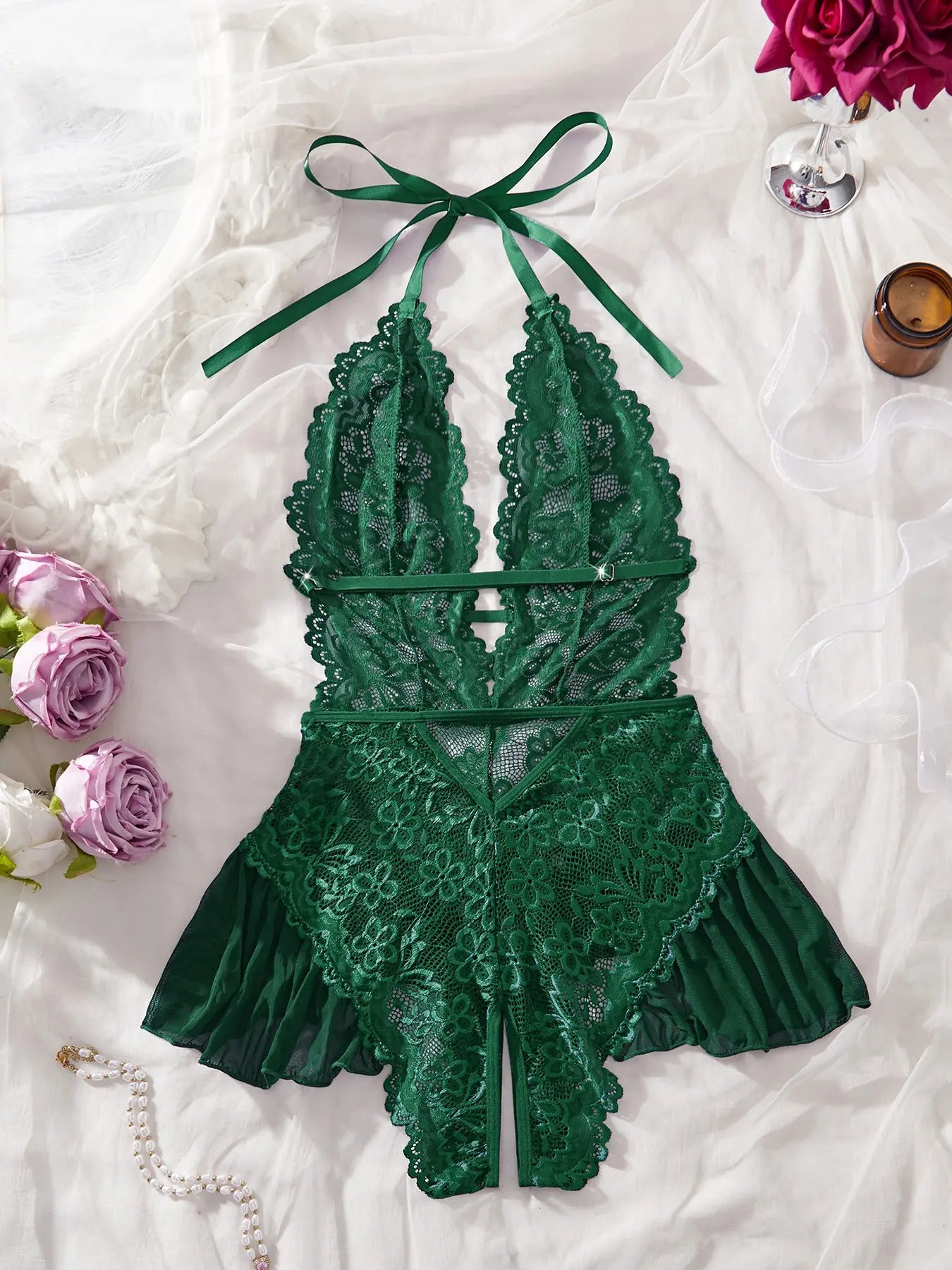 Women'S Lace Jumpsuit, Halter Deep V Sheer Ruffle Design, Couples Date Night Pajamas, Elegant Plain Style, All Seasons Wear