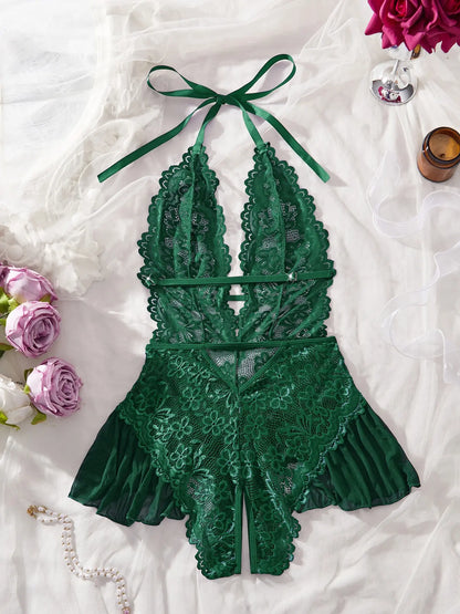 Women'S Lace Jumpsuit, Halter Deep V Sheer Ruffle Design, Couples Date Night Pajamas, Elegant Plain Style, All Seasons Wear