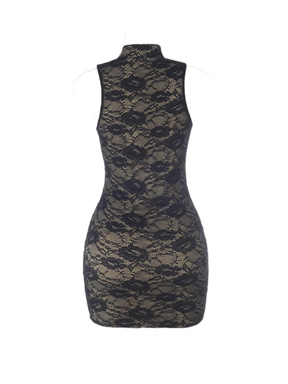 Lace Sleeveless Backless Cut Out Bodycon Mini Dress, Sexy Hollow Out Design, Chic, Perfect for Parties & Special Occasions, Trendy Women'S Fashion